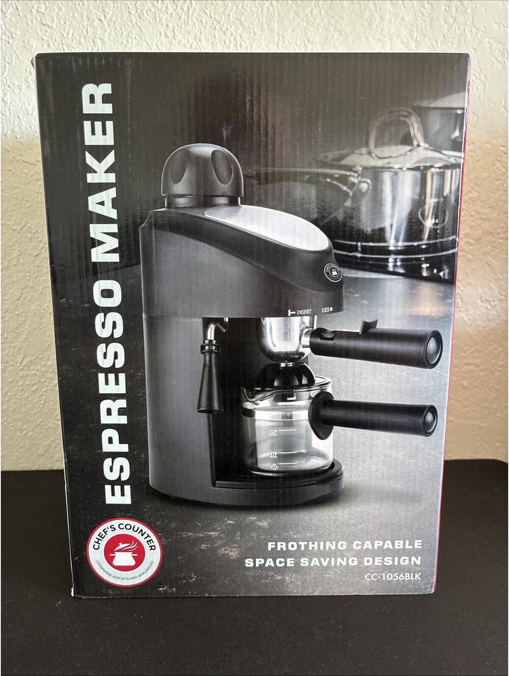 Chef's Counter Espresso Maker CC-1056BLK 4-Cup Coffee Machine Frother Black NEW